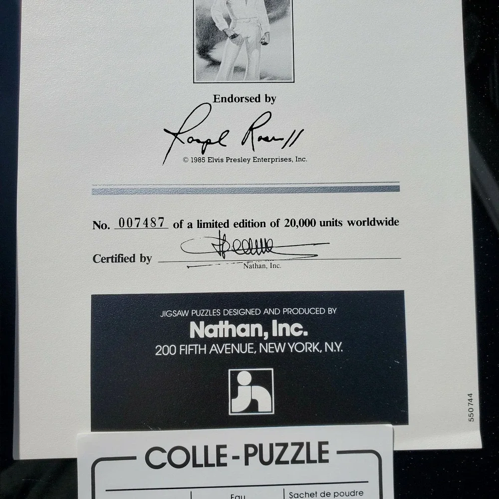 Vtg 1985 Elvis Presley 1000 Piece Jigsaw Puzzle by Nathan Numbered Certificate
